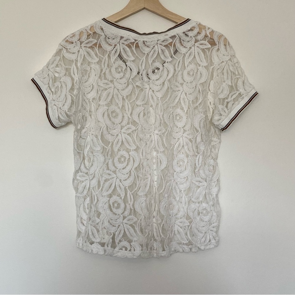 Cream Women’s Floral V-Neck Off-White Lace Shirt, Size Large, Casual, Boho Chic - Picture 4 of 6